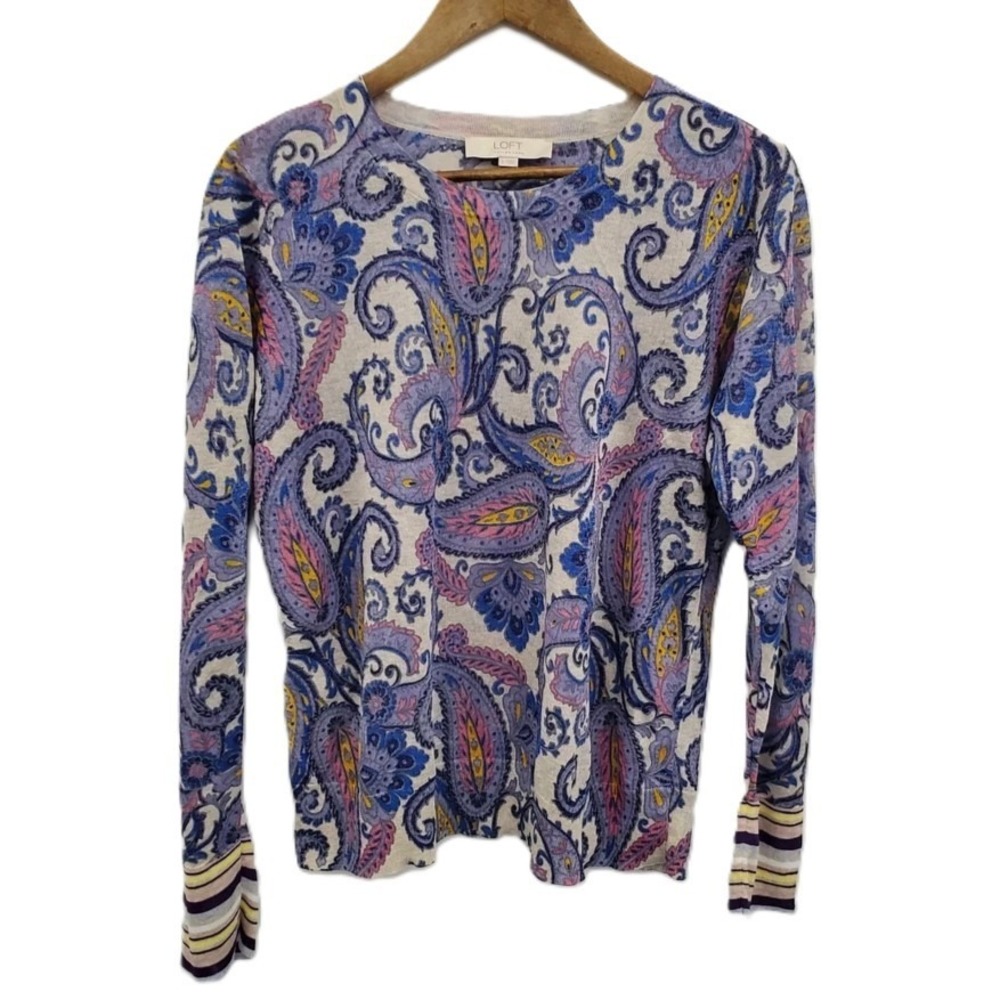 Womens L Paisley Sweater Boho Preppy Colorful Lightweight Knit Loft Layering Top